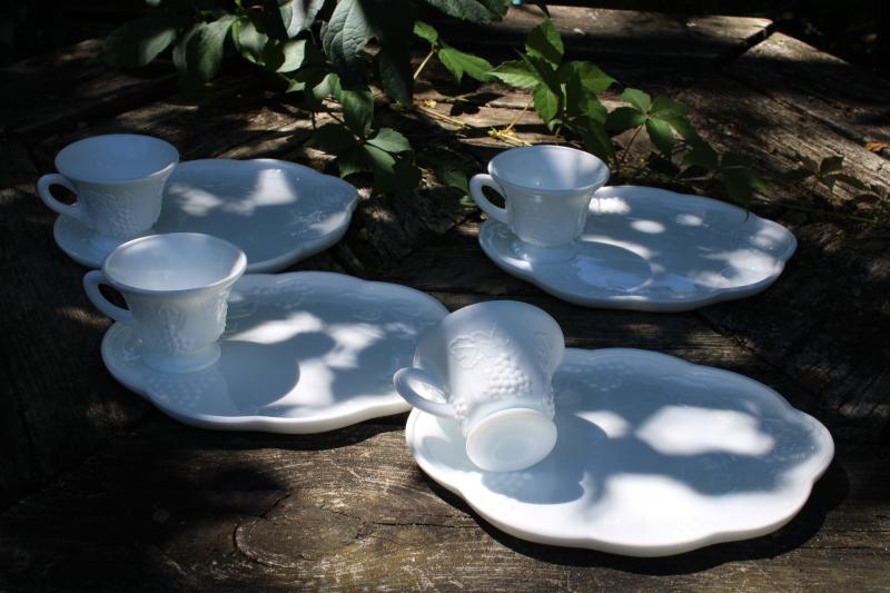 photo of vintage milk glass snack sets, tray plates w/ cups Indiana harvest grapes pattern #1