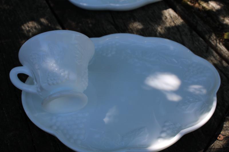 photo of vintage milk glass snack sets, tray plates w/ cups Indiana harvest grapes pattern #2