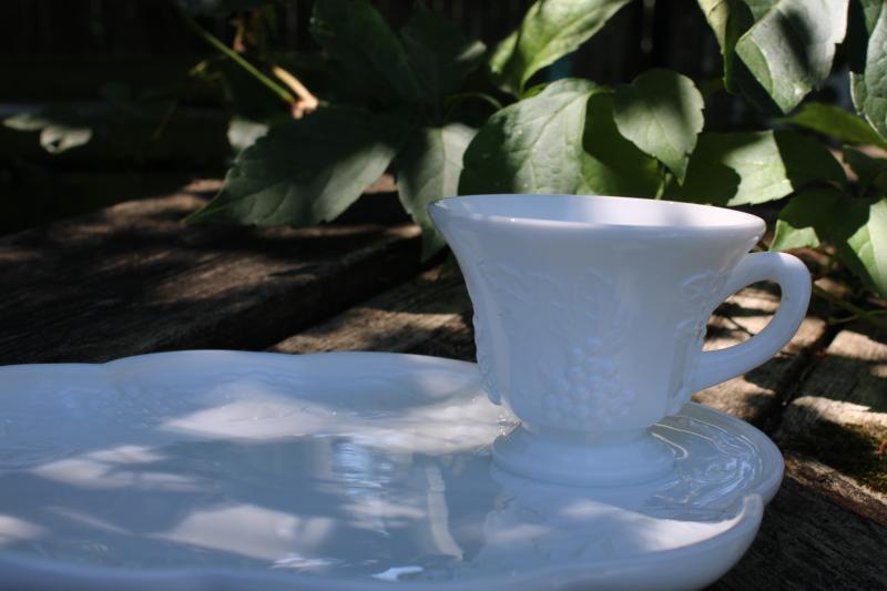 photo of vintage milk glass snack sets, tray plates w/ cups Indiana harvest grapes pattern #3