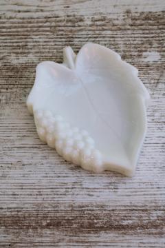 catalog photo of vintage milk glass soap dish or ring holder, Imperial glass leaf shaped trinket dish 