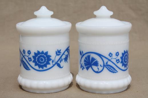 photo of vintage milk glass spice jars or condiment jars w/ cornflower blue print #1