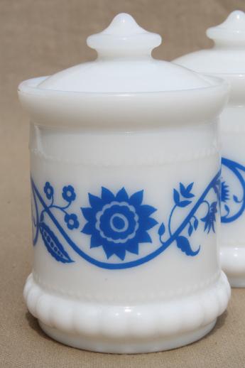 photo of vintage milk glass spice jars or condiment jars w/ cornflower blue print #2