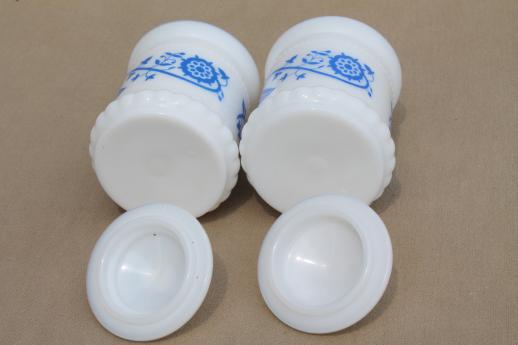 photo of vintage milk glass spice jars or condiment jars w/ cornflower blue print #4