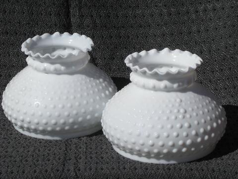 photo of vintage milk glass student table lamp light shade pair, hobnail pattern #1