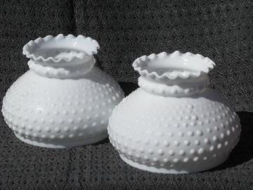 catalog photo of vintage milk glass student table lamp light shade pair, hobnail pattern