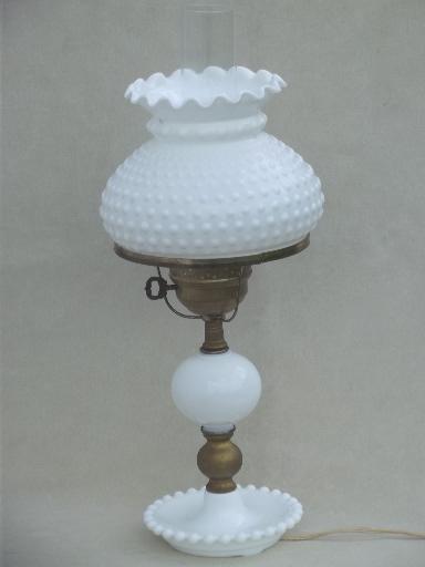 photo of vintage milk glass table lamp, Fenton hobnail glass student lamp shade  #1