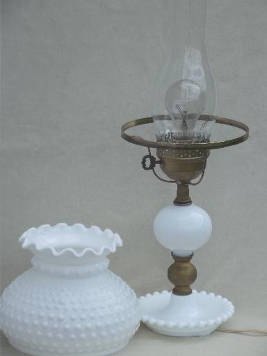 photo of vintage milk glass table lamp, Fenton hobnail glass student lamp shade  #2