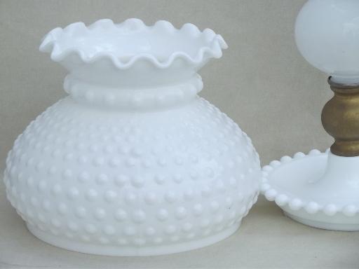 photo of vintage milk glass table lamp, Fenton hobnail glass student lamp shade  #4