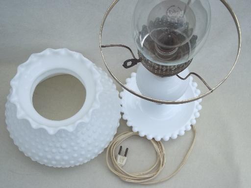 photo of vintage milk glass table lamp, Fenton hobnail glass student lamp shade  #5