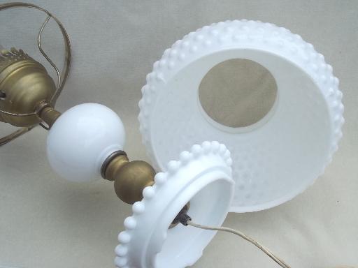 photo of vintage milk glass table lamp, Fenton hobnail glass student lamp shade  #7