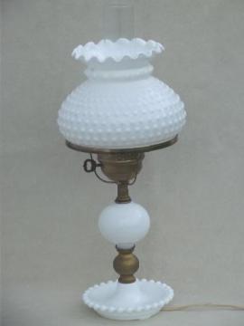 catalog photo of vintage milk glass table lamp, Fenton hobnail glass student lamp shade 