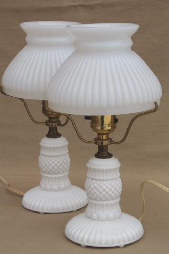 photo of vintage milk glass table lamps, pair boudoir lamp bases w/ white milk glass student shades #1