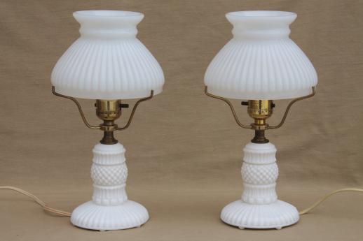 photo of vintage milk glass table lamps, pair boudoir lamp bases w/ white milk glass student shades #2