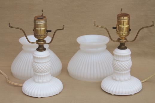 photo of vintage milk glass table lamps, pair boudoir lamp bases w/ white milk glass student shades #3