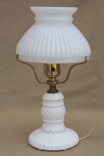 photo of vintage milk glass table lamps, pair boudoir lamp bases w/ white milk glass student shades #4