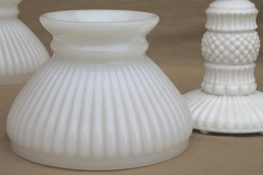 photo of vintage milk glass table lamps, pair boudoir lamp bases w/ white milk glass student shades #6