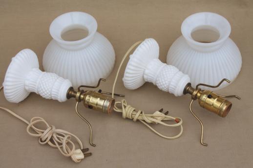 photo of vintage milk glass table lamps, pair boudoir lamp bases w/ white milk glass student shades #7