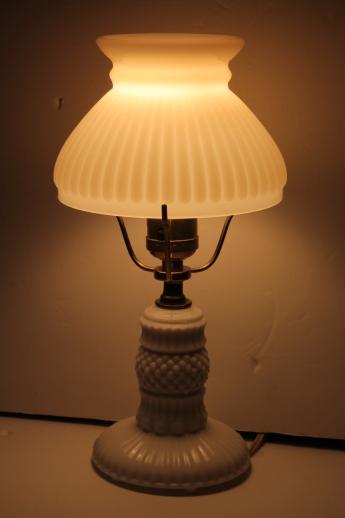 photo of vintage milk glass table lamps, pair boudoir lamp bases w/ white milk glass student shades #9