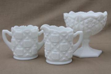 catalog photo of vintage milk glass table set, Westmoreland old quilt cream & sugar, compote bowl