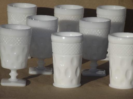 photo of vintage milk glass tumblers & footed glasses, McKee diamond & dot pattern #1