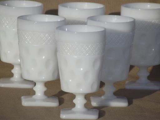 photo of vintage milk glass tumblers & footed glasses, McKee diamond & dot pattern #4