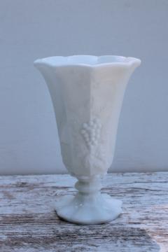 catalog photo of vintage milk glass vase, Westmoreland paneled grape pattern belled shape 6 inches tall 