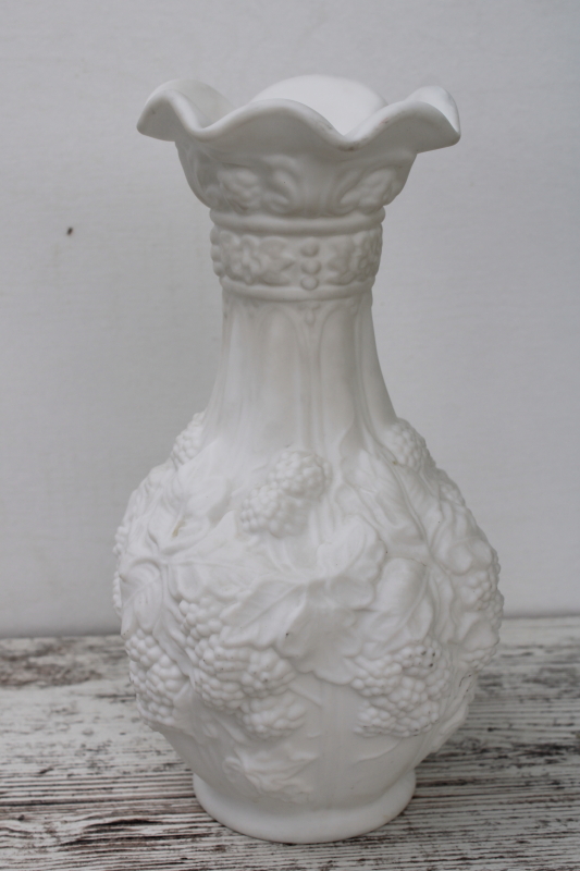 photo of vintage milk glass vase embossed blackberries, loganberry pattern Imperial glass frosted white satin glass  #1