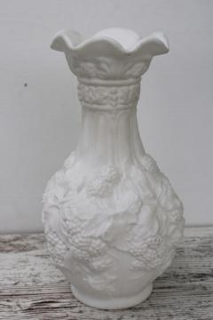 catalog photo of vintage milk glass vase embossed blackberries, loganberry pattern Imperial glass frosted white satin glass 