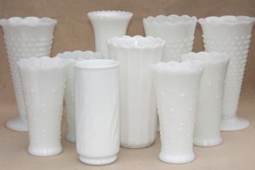 catalog photo of vintage milk glass vases, florists vase lot for wedding flowers, displays