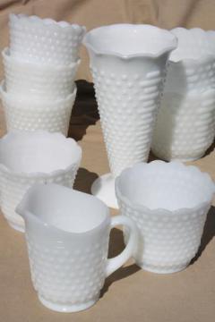 catalog photo of vintage milk glass vases & flower pot planters, Anchor Hocking hobnail milk glass