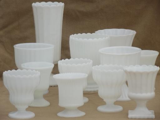 photo of vintage milk glass vases lot, 12 classical urns & fluted shape planters #1