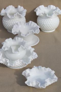 catalog photo of vintage milk glass vases, planters, rose bowls - crimped ruffled edge glass some hobnail