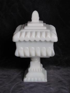 catalog photo of vintage milk glass wedding bowl, tall candy dish w/ square box shape