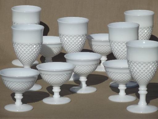 photo of vintage milk glass wine glasses water goblets, English hobnail Westmoreland #1