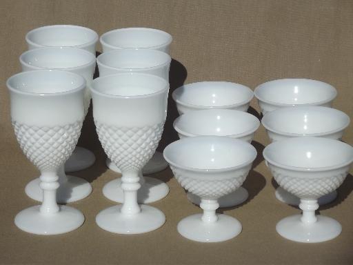 photo of vintage milk glass wine glasses water goblets, English hobnail Westmoreland #2