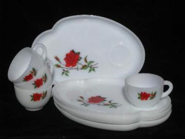 catalog photo of vintage milk white glass snack sets, red roses