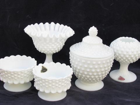 photo of vintage milk white hobnail pattern glass, covered candy dish, ivy bowl, candlesticks - Fenton labels #1