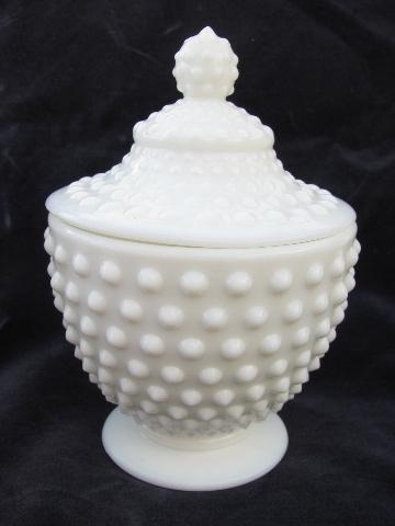 photo of vintage milk white hobnail pattern glass, covered candy dish, ivy bowl, candlesticks - Fenton labels #2