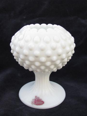 photo of vintage milk white hobnail pattern glass, covered candy dish, ivy bowl, candlesticks - Fenton labels #3