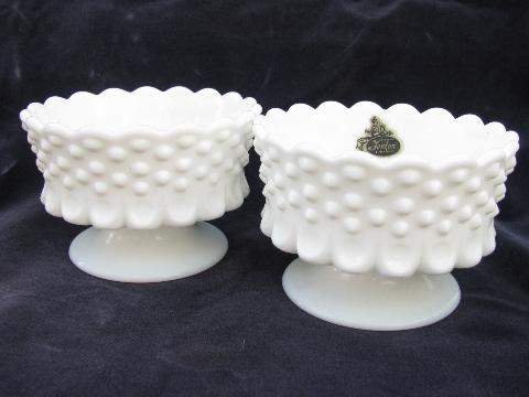 photo of vintage milk white hobnail pattern glass, covered candy dish, ivy bowl, candlesticks - Fenton labels #4