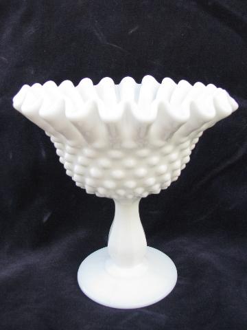 photo of vintage milk white hobnail pattern glass, covered candy dish, ivy bowl, candlesticks - Fenton labels #5