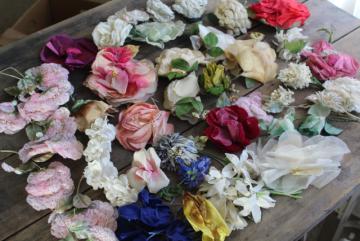 catalog photo of vintage millinery trims lot hat flowers, organza & velvet fabric corsage roses etc.