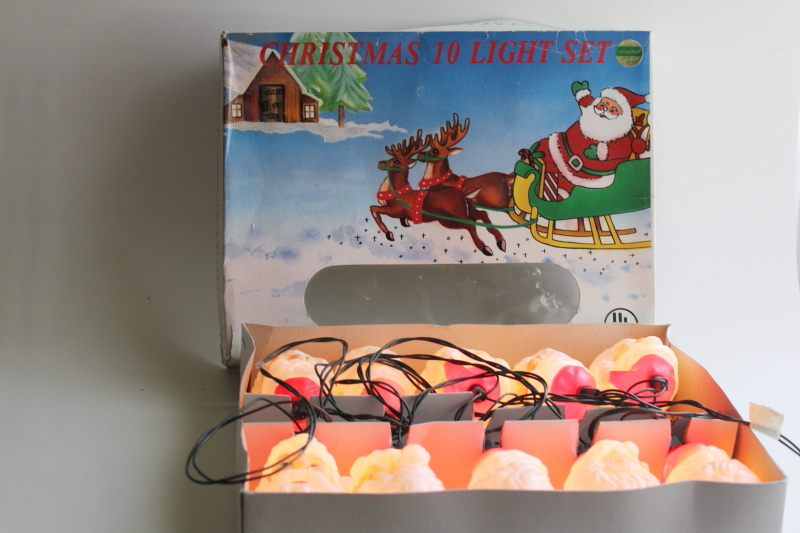 photo of vintage mini lights blow mold plastic Santa heads, Christmas light set in original box  #1