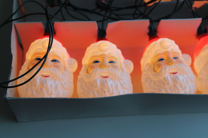 photo of vintage mini lights blow mold plastic Santa heads, Christmas light set in original box  #2