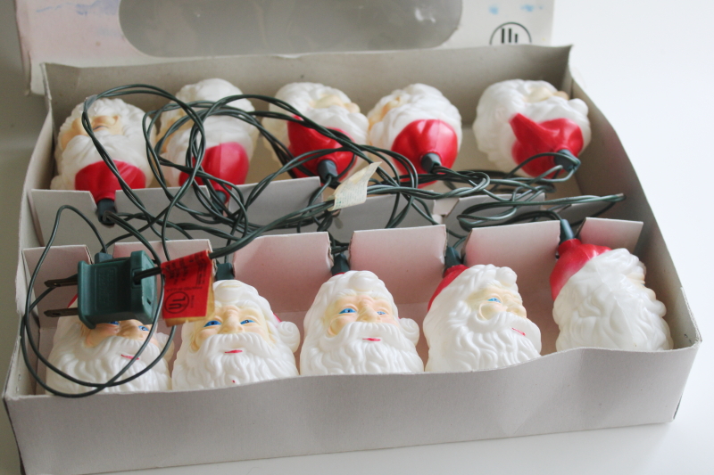 photo of vintage mini lights blow mold plastic Santa heads, Christmas light set in original box  #4