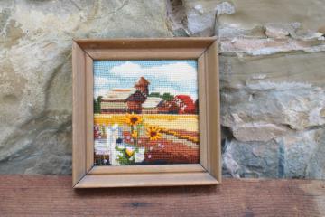 catalog photo of vintage mini needlepoint crewel embroidery picture, fall farm barn landscape scene