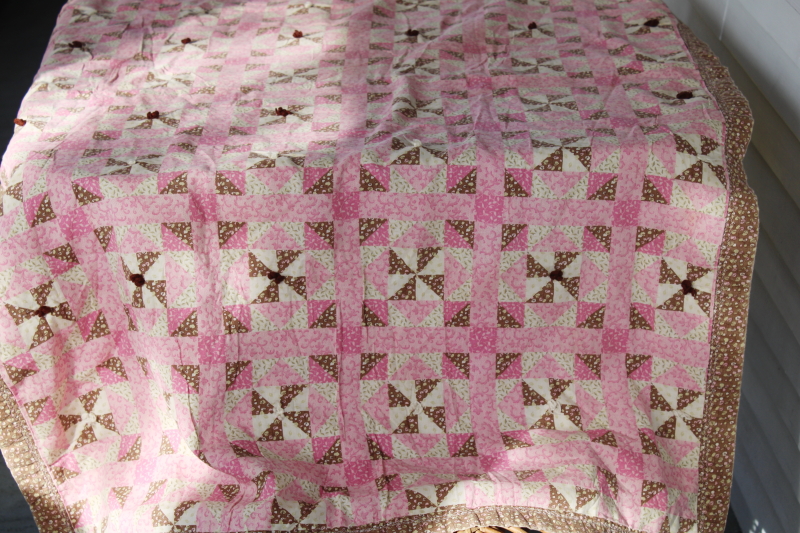 photo of vintage mini quilt or primitive style tablecloth, hand tied cheater patchwork print pink & brown #1