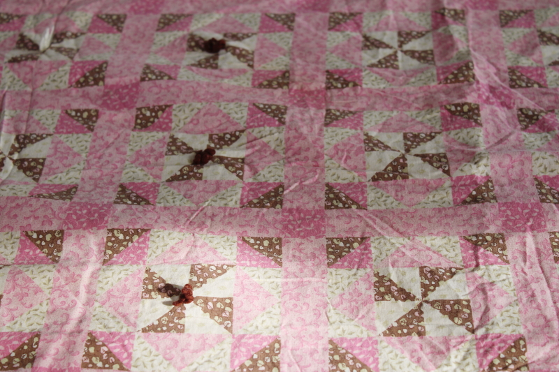 photo of vintage mini quilt or primitive style tablecloth, hand tied cheater patchwork print pink & brown #2