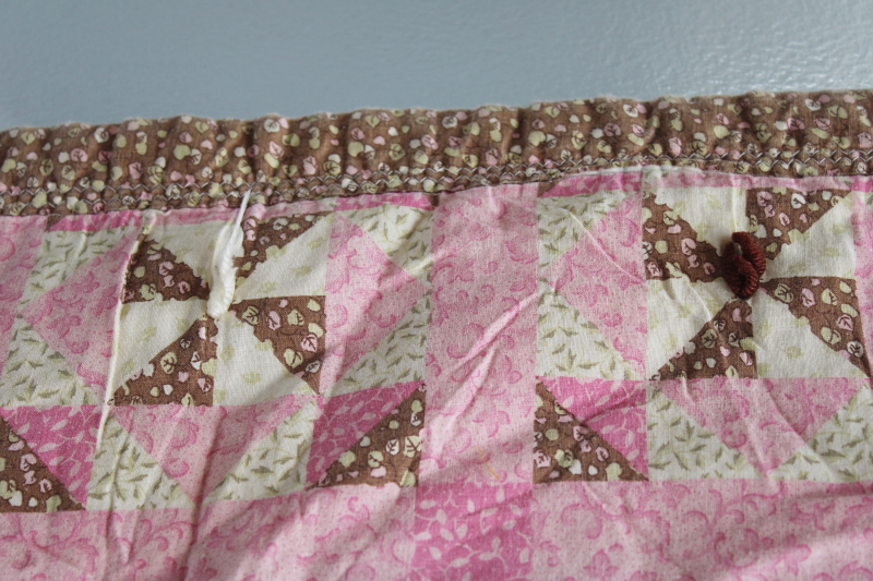 photo of vintage mini quilt or primitive style tablecloth, hand tied cheater patchwork print pink & brown #5