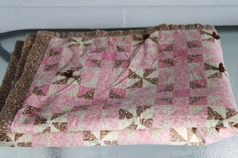 photo of vintage mini quilt or primitive style tablecloth, hand tied cheater patchwork print pink & brown #7